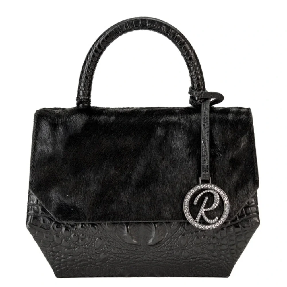Raviani Designer‎ Top Handle Bag Black Furry Leather Alligator Embossed Purse